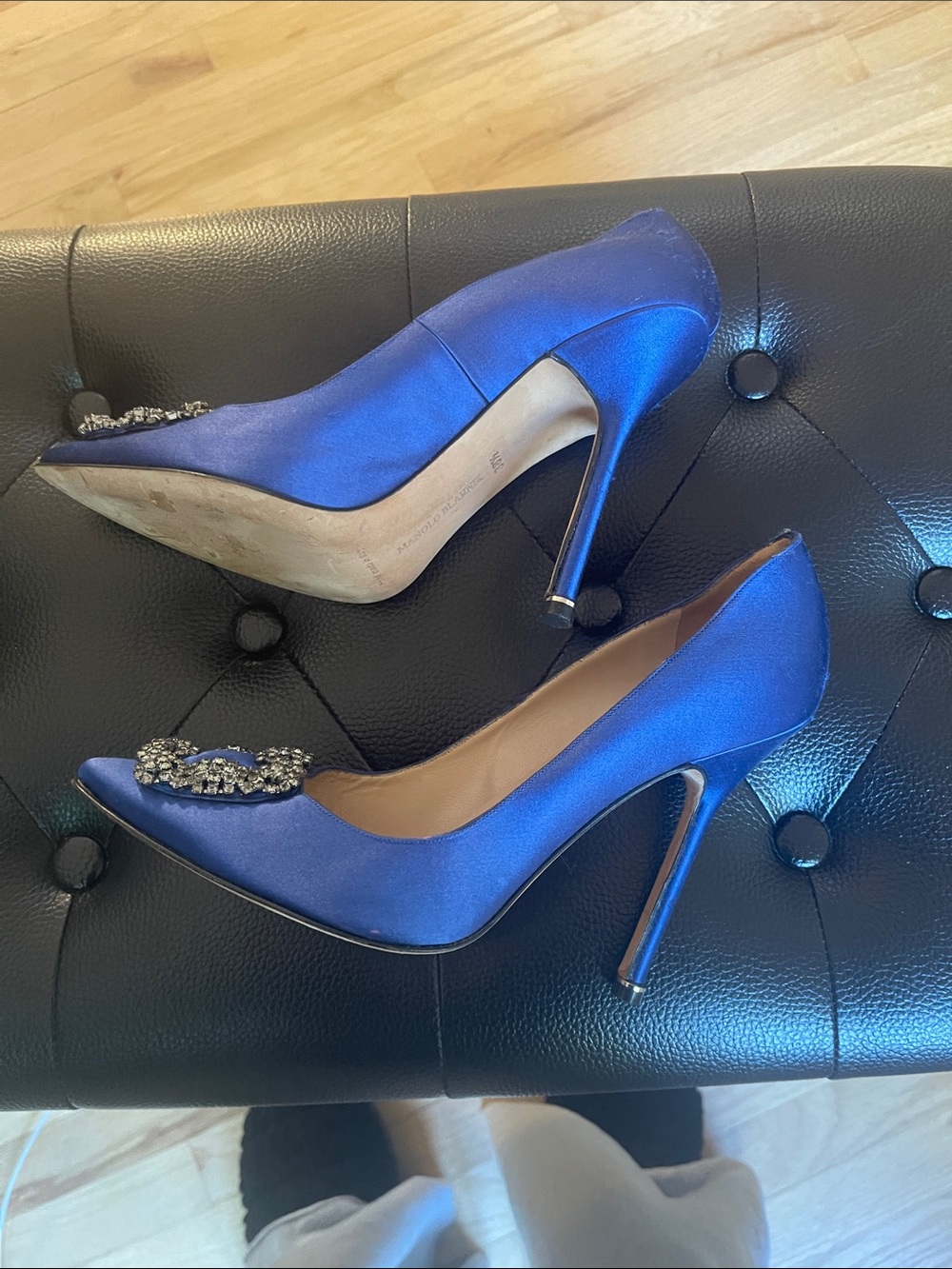 Manolo Blahnik Royal Blue Satin Pointed Toe Pumps with Crystal Buckle - Picture 8 of 11